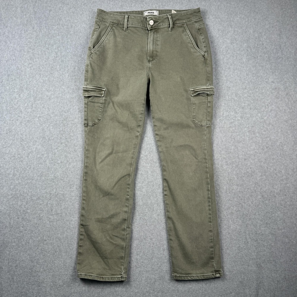 Paige Pants Womens 28 Green Cargo Straight Leg Stretch Denim Pockets Utility